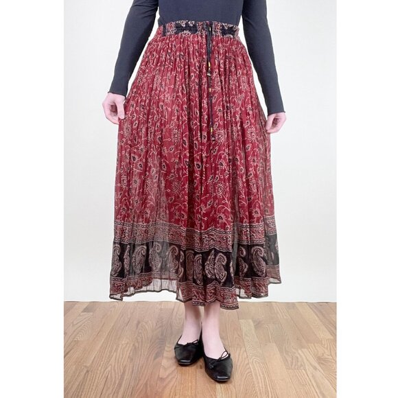 Vintage Boho Maxi Midi Skirt Floral Pleated High Low Rise Hippie Bohemian Flowy - Picture 1 of 9
